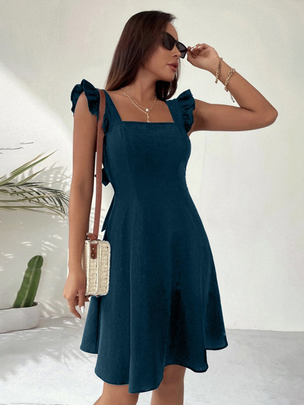 pastoral style suspenders, sweet short skirt, temperament commuting holiday beach dress
