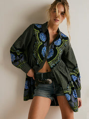 Printed lapel long-sleeved loose-fitting dress