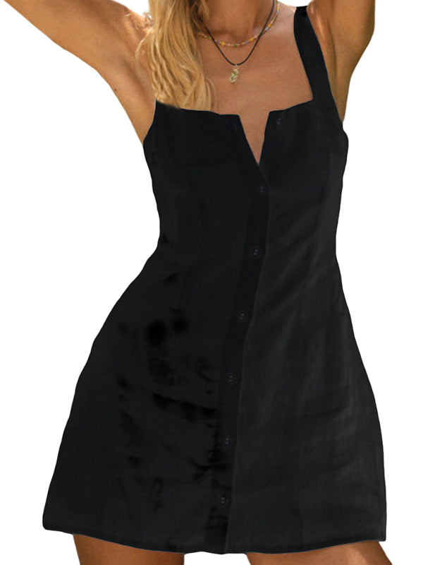 Sexy Square Neck Sleeveless Vest Backless High Waist Dress