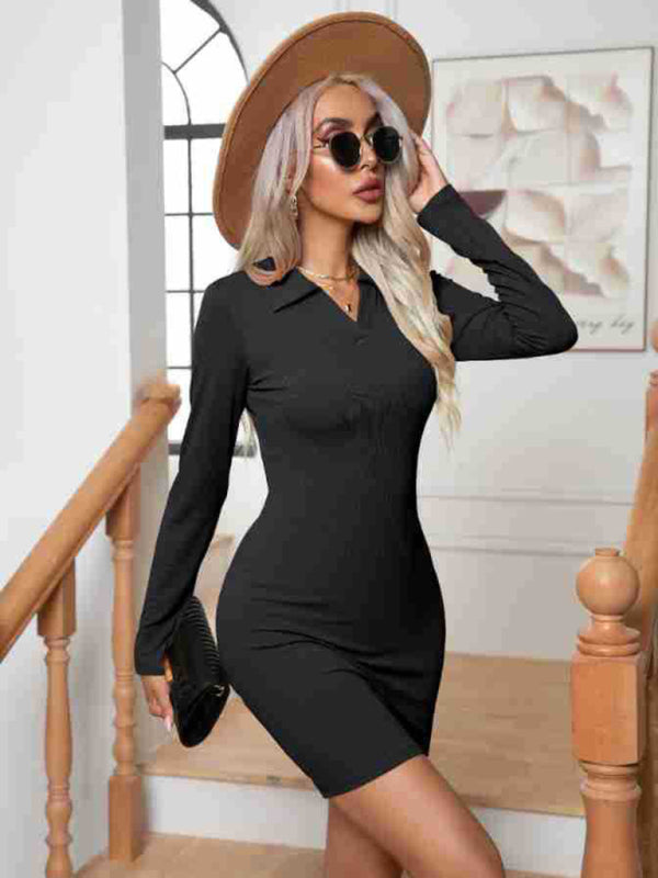 pit lapel long sleeve short skirt hip-hugging bottoming dress