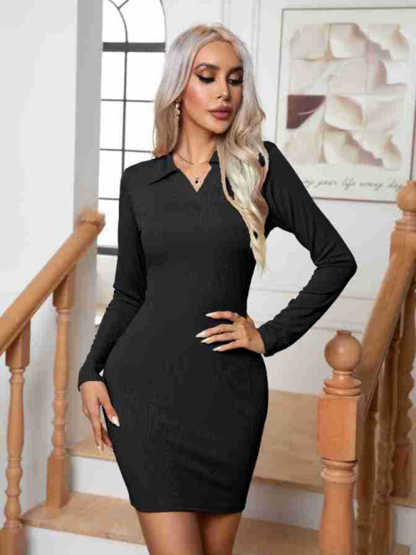 pit lapel long sleeve short skirt hip-hugging bottoming dress