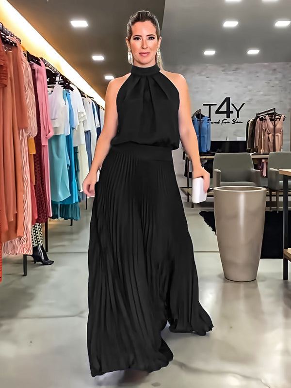 sleeveless strappy casual backless halterneck pleated dress