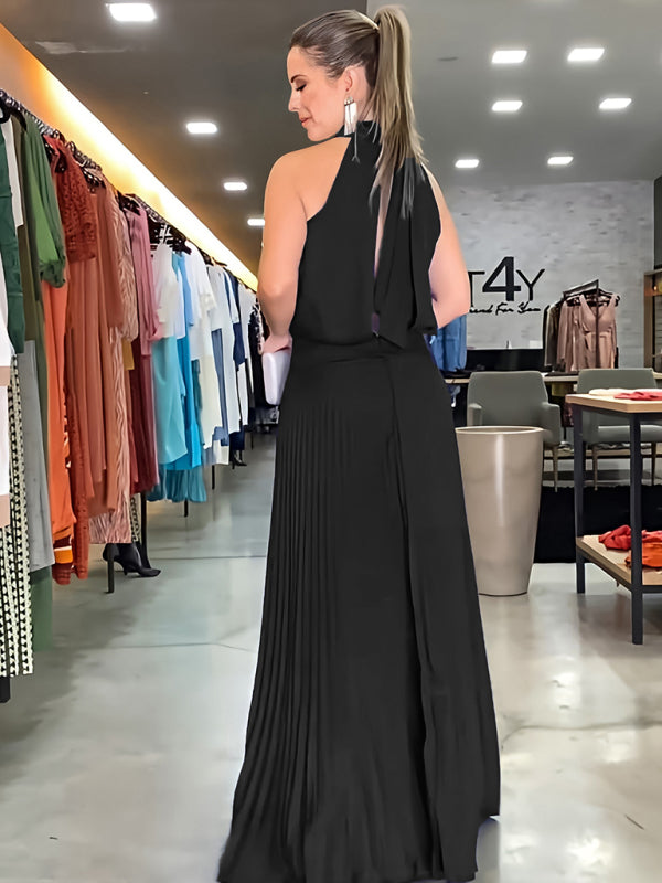 sleeveless strappy casual backless halterneck pleated dress