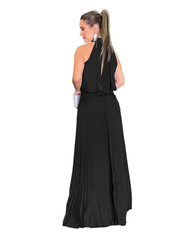 sleeveless strappy casual backless halterneck pleated dress