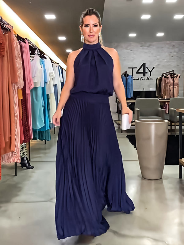 sleeveless strappy casual backless halterneck pleated dress