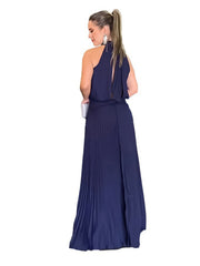 sleeveless strappy casual backless halterneck pleated dress