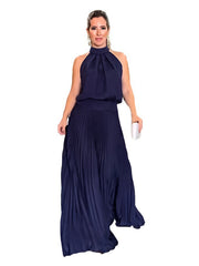 sleeveless strappy casual backless halterneck pleated dress