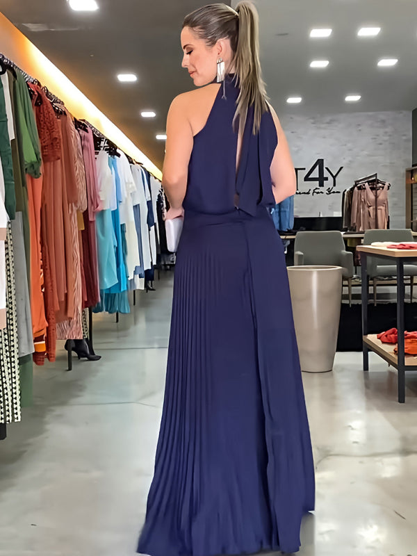 sleeveless strappy casual backless halterneck pleated dress