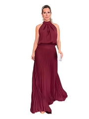 sleeveless strappy casual backless halterneck pleated dress