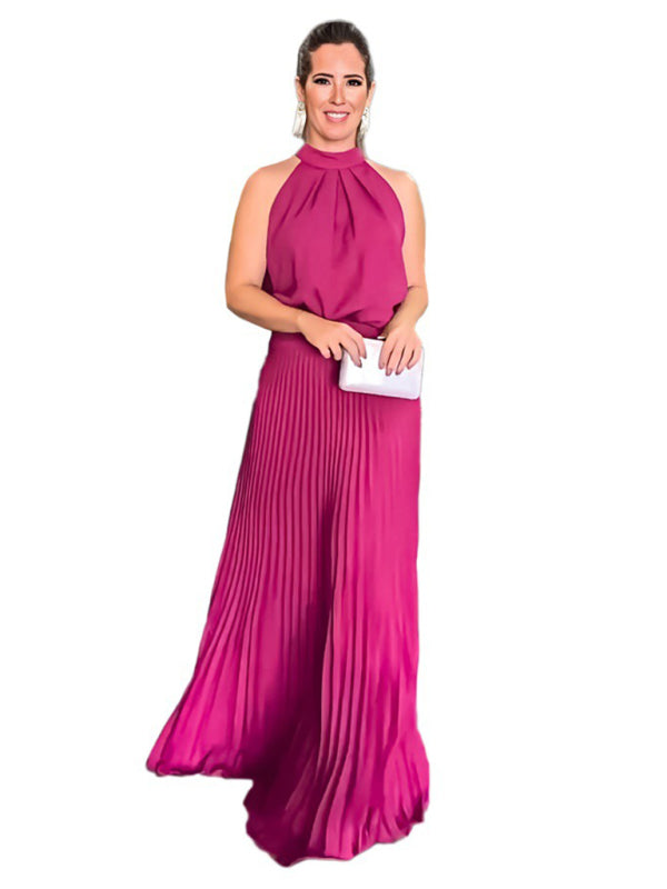 sleeveless strappy casual backless halterneck pleated dress