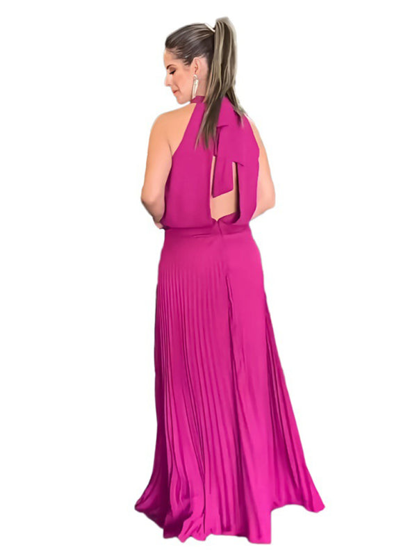 sleeveless strappy casual backless halterneck pleated dress