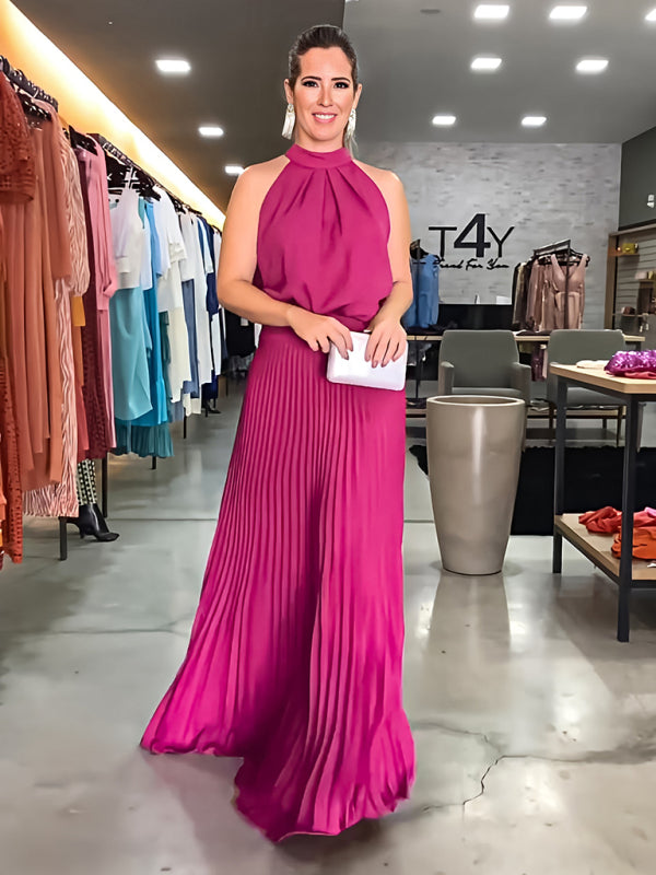 sleeveless strappy casual backless halterneck pleated dress