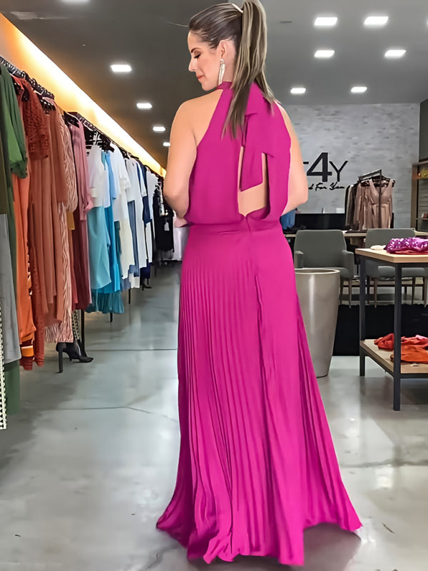 sleeveless strappy casual backless halterneck pleated dress