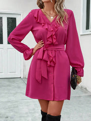 V-neck ruffled button-fit lace-up dress