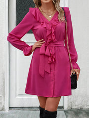 V-neck ruffled button-fit lace-up dress