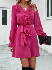V-neck ruffled button-fit lace-up dress