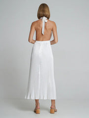 Sleeveless halterneck lace-up slim fit pleated dress