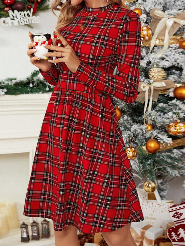 Checkered printed turtleneck long-sleeved dress Christmas style