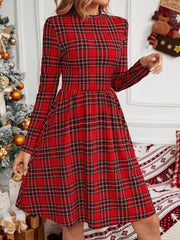 Checkered printed turtleneck long-sleeved dress Christmas style