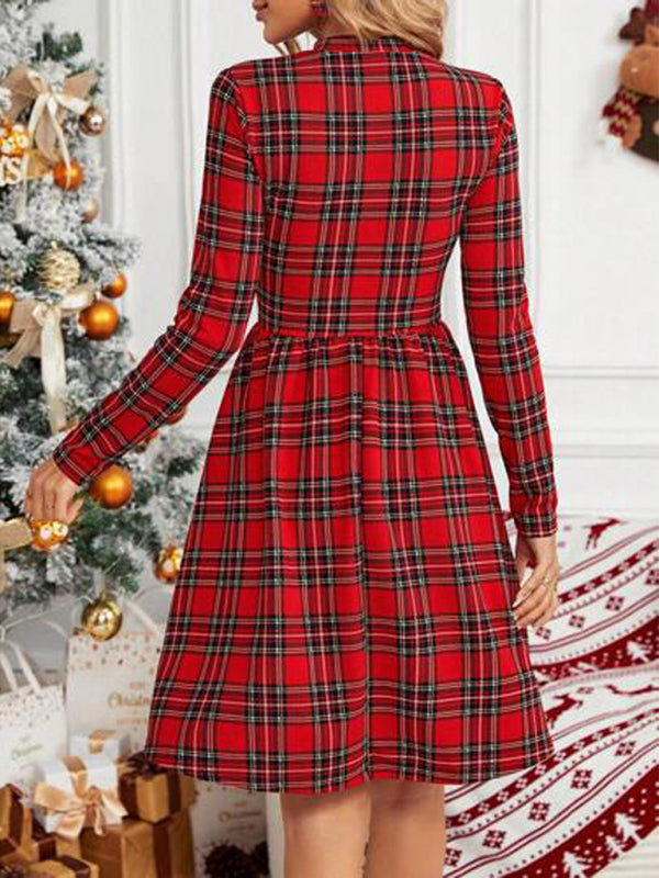 Checkered printed turtleneck long-sleeved dress Christmas style
