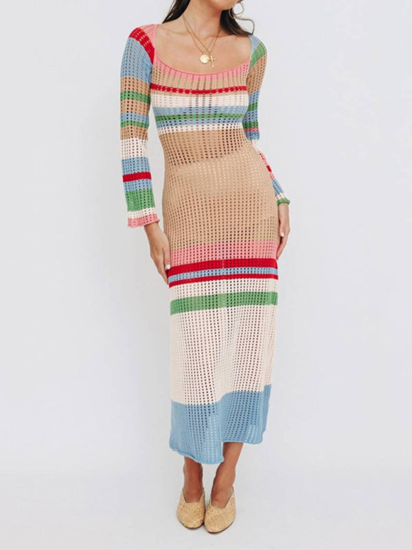 colorful contrasting U-neck sexy hollow long-sleeved knitted midi dress