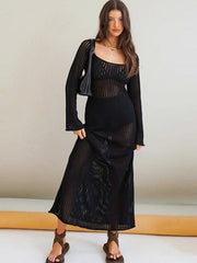 colorful contrasting U-neck sexy hollow long-sleeved knitted midi dress
