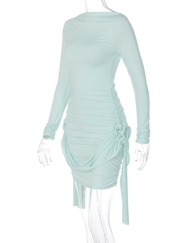 solid color long-sleeved round neck slim fit patchwork ribbon flower versatile dress