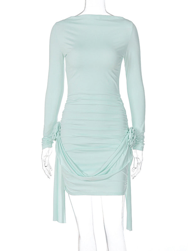 solid color long-sleeved round neck slim fit patchwork ribbon flower versatile dress