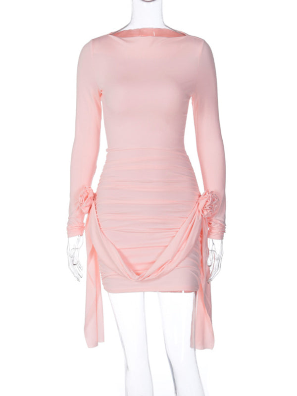 solid color long-sleeved round neck slim fit patchwork ribbon flower versatile dress