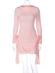 solid color long-sleeved round neck slim fit patchwork ribbon flower versatile dress