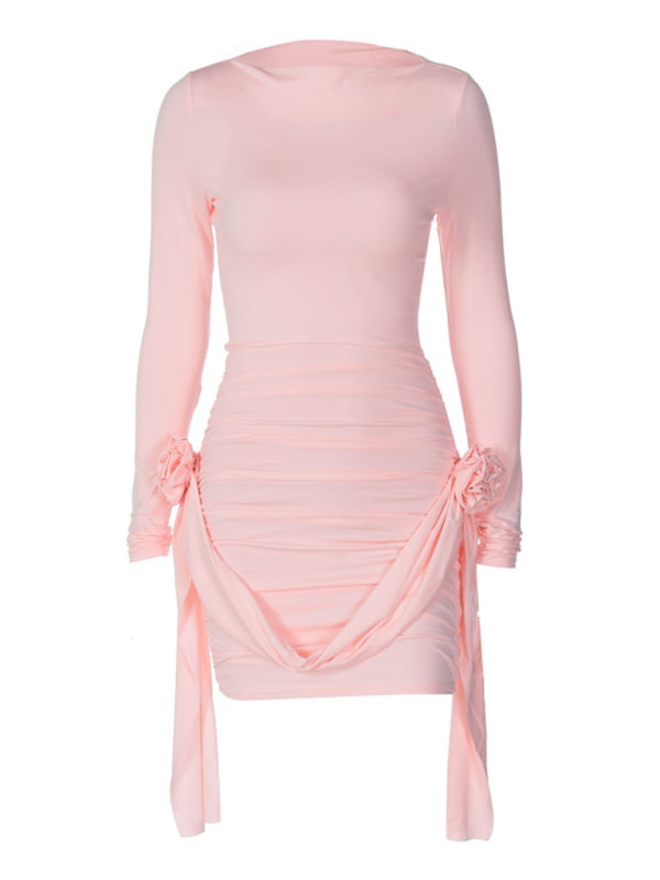 solid color long-sleeved round neck slim fit patchwork ribbon flower versatile dress