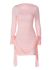 solid color long-sleeved round neck slim fit patchwork ribbon flower versatile dress