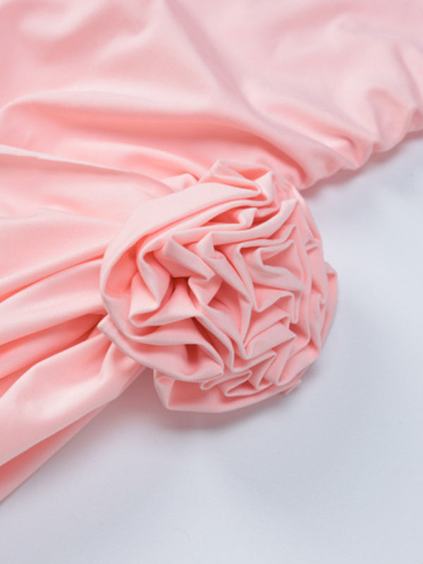 solid color long-sleeved round neck slim fit patchwork ribbon flower versatile dress