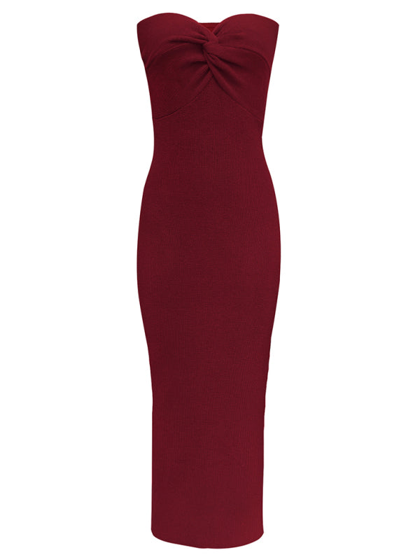 style knitted cross strapless sexy woolen dress
