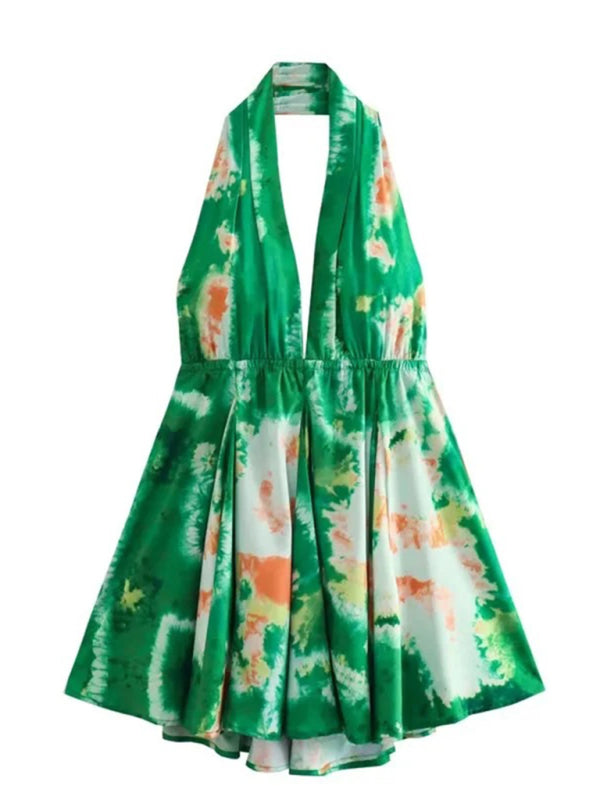 V-neck suspender sexy printed halter neck short dress