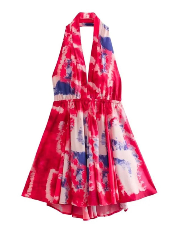 V-neck suspender sexy printed halter neck short dress