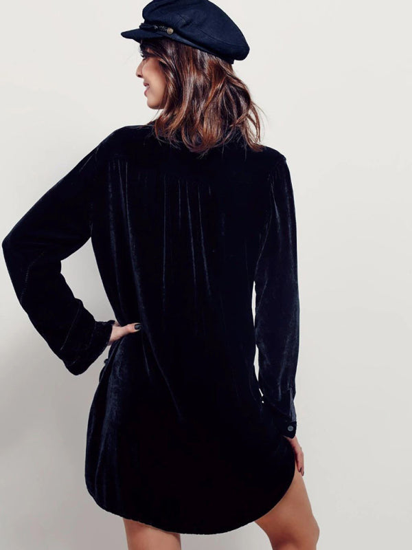solid color casual V-neck loose long-sleeved gold velvet shirt dress