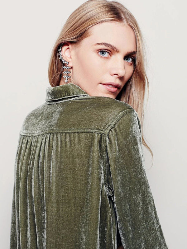 solid color casual V-neck loose long-sleeved gold velvet shirt dress