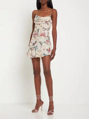 French style pure desire butterfly print suspender sexy backless dress