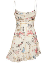 French style pure desire butterfly print suspender sexy backless dress