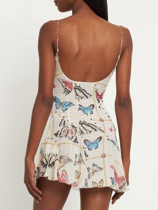 French style pure desire butterfly print suspender sexy backless dress