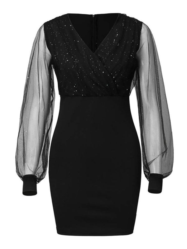 Mesh V-neck sequined long-sleeved dress slim dress