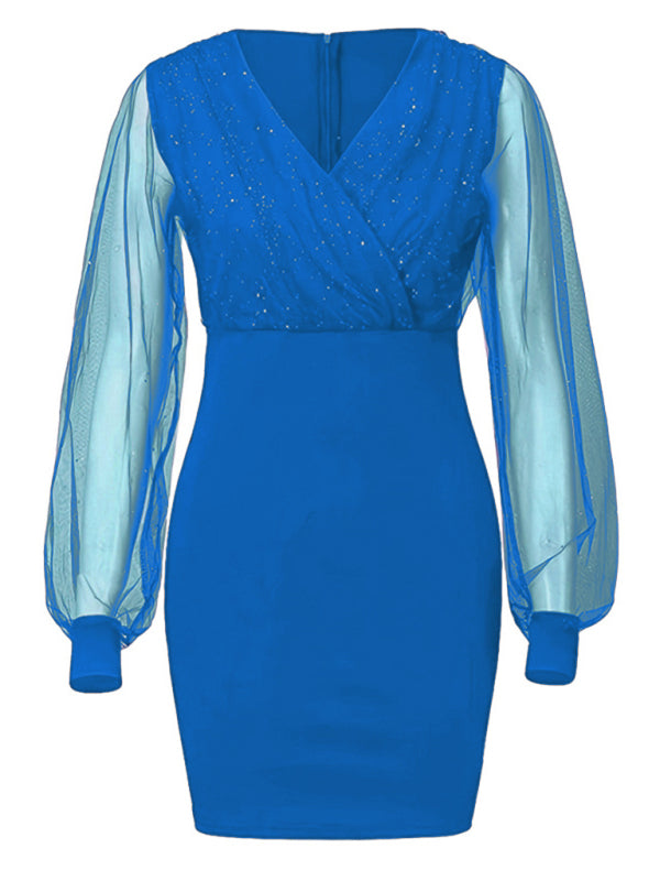 Mesh V-neck sequined long-sleeved dress slim dress