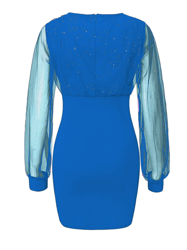 Mesh V-neck sequined long-sleeved dress slim dress