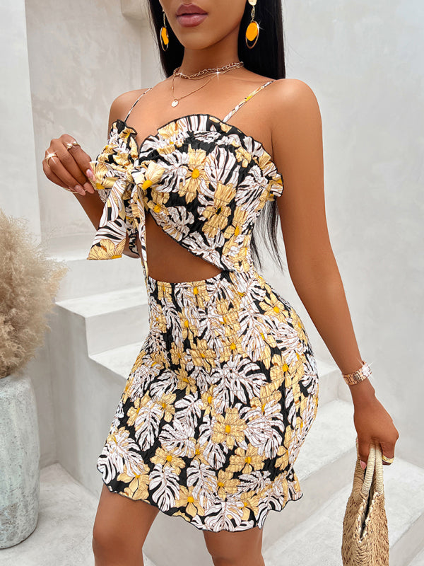 Sexy printed waist-cinching suspender dress
