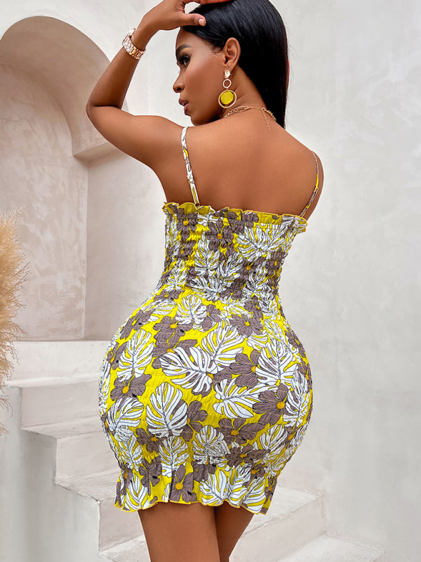 Sexy printed waist-cinching suspender dress