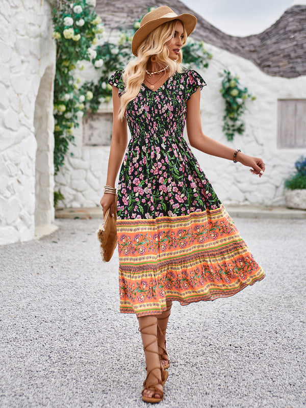 Printed V-neck flying sleeve bohemian dress