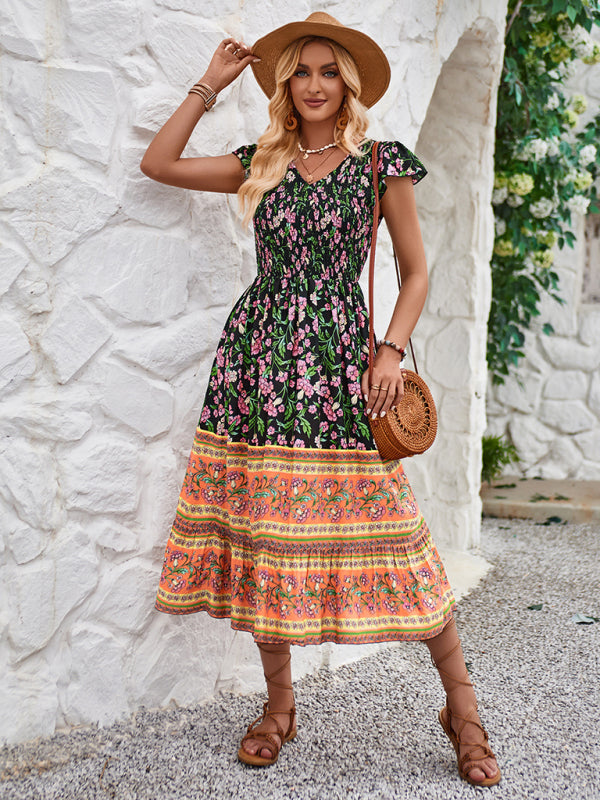Printed V-neck flying sleeve bohemian dress