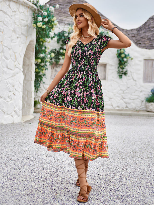Printed V-neck flying sleeve bohemian dress