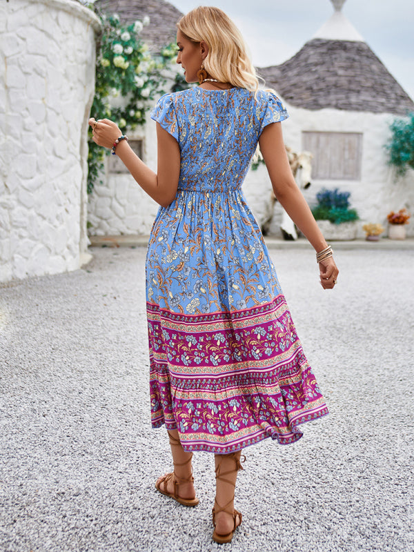Printed V-neck flying sleeve bohemian dress